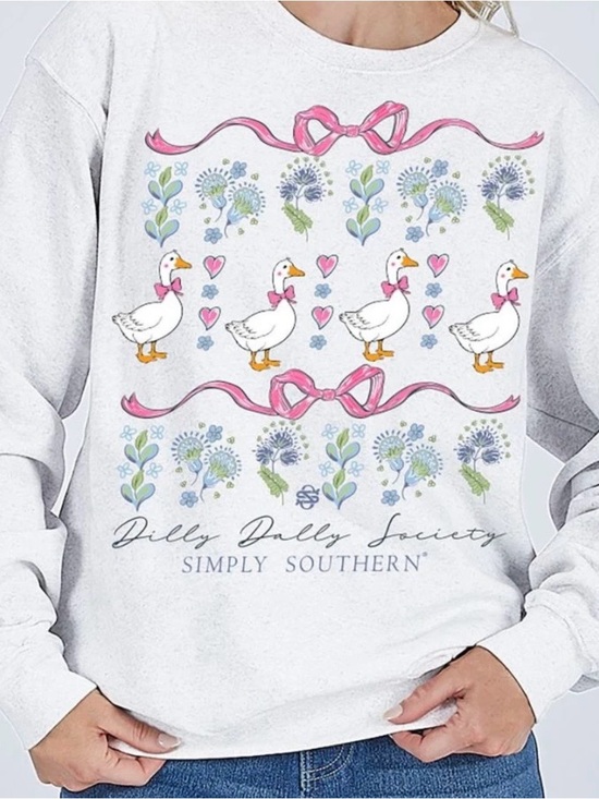 Simply Southern Sweaters - Simply Southern White Crewneck with Pink Bow & Floral Goose Motif